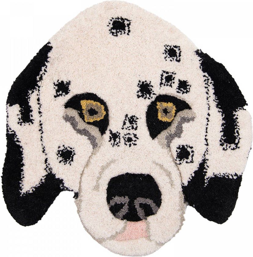 Clayre & Eef Vloerkleed Hond 35x35 Cm Wit Zwart Wol Tapijt Voetentapijt Wit Tapijt Voetentapijt