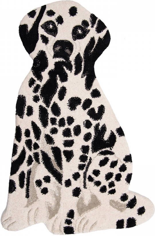 Clayre & Eef Vloerkleed Hond 60x90 Cm Wit Zwart Wol Tapijt Voetentapijt Wit Tapijt Voetentapijt