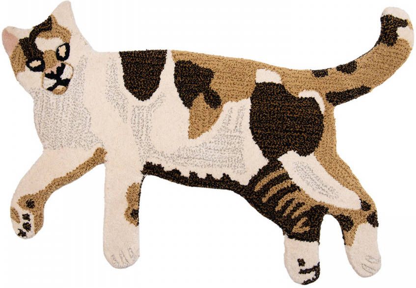 Clayre & Eef Vloerkleed Kat 90x60 Cm Bruin Beige Wol Tapijt Voetentapijt Bruin Tapijt Voetentapijt