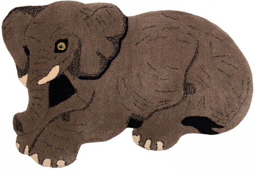 Clayre & Eef Vloerkleed Olifant 60x90 Cm Grijs Wol Tapijt Voetentapijt Grijs Tapijt Voetentapijt