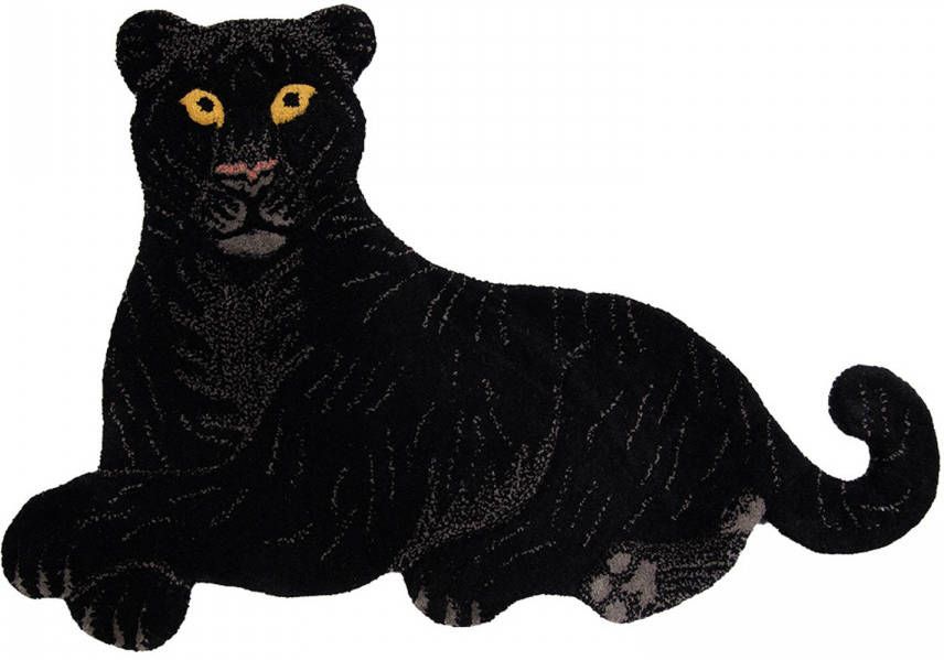 Clayre & Eef Vloerkleed Panter 60x90 Cm Zwart Wol Tapijt Voetentapijt Zwart Tapijt Voetentapijt