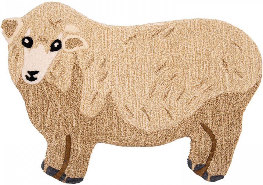 Clayre & Eef Vloerkleed Schaap 60x90 Cm Bruin Beige Wol Tapijt Voetentapijt Bruin Tapijt Voetentapijt