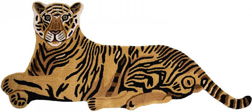Clayre & Eef Vloerkleed Tijger 183x76 Cm Bruin Wol Tapijt Voetentapijt Bruin Tapijt Voetentapijt