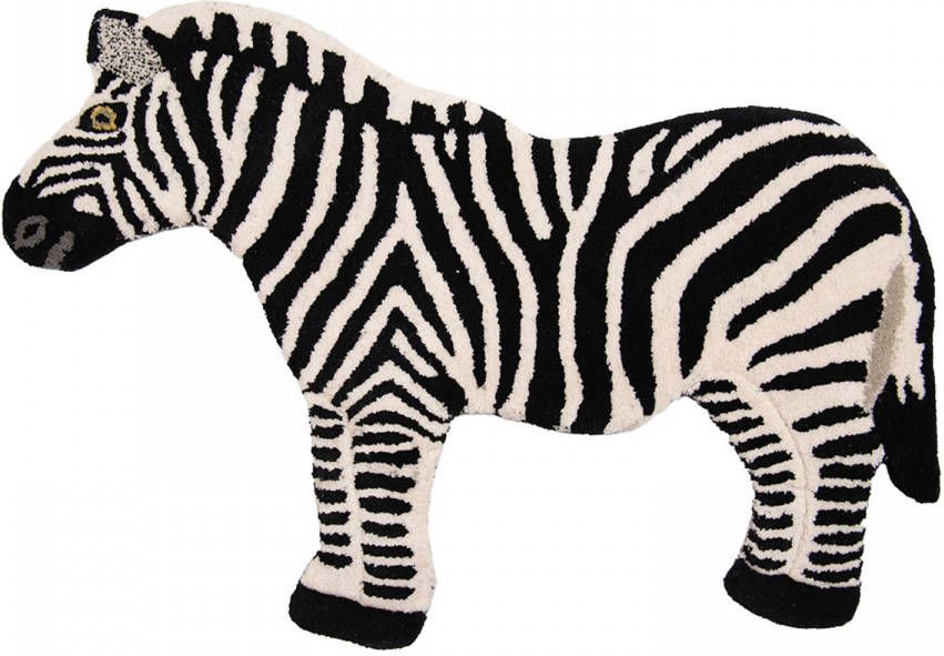 Clayre & Eef Vloerkleed Zebra 60x90 Cm Zwart Wit Wol Tapijt Voetentapijt Zwart Tapijt Voetentapijt