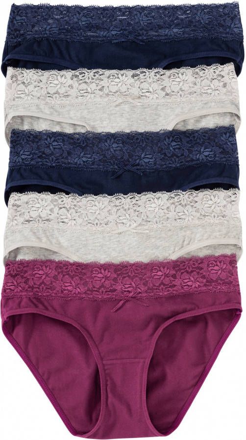 bpc bonprix collection Slip (set van 5), lichtgrijs gemêleerd+donkerblauw+bessen