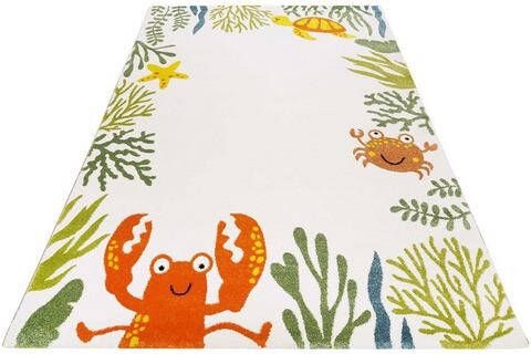 Esprit Vloerkleed voor de kinderkamer Waterworld ESP 21073 kleurrijk strandmotief, korte pool, krab & co.