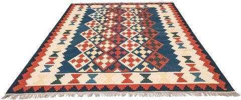 morgenland Wollen kleed Kelim Fars vloerkleed met de hand geweven blauw Laagpolig