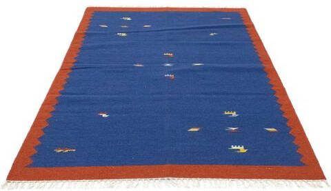 morgenland Wollen kleed Kelim vloerkleed met de hand geweven blauw Laagpolig