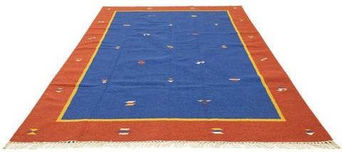 morgenland Wollen kleed Kelim vloerkleed met de hand geweven blauw Laagpolig