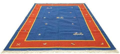 morgenland Wollen kleed Kelim vloerkleed met de hand geweven blauw Laagpolig