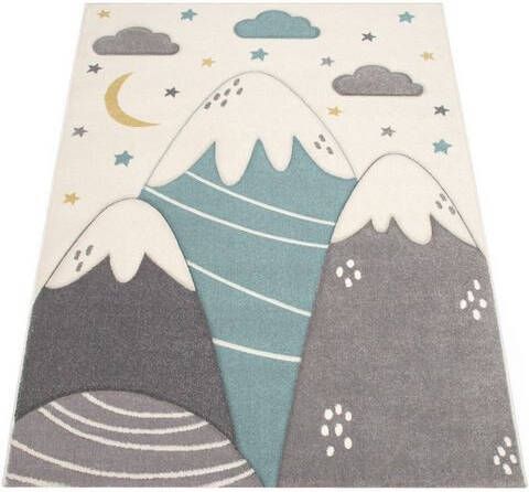 Paco Home Vloerkleed voor de kinderkamer Cosmo 707 3d design, schattig motief bergen & sterren, pastelkleuren, kinderkamer